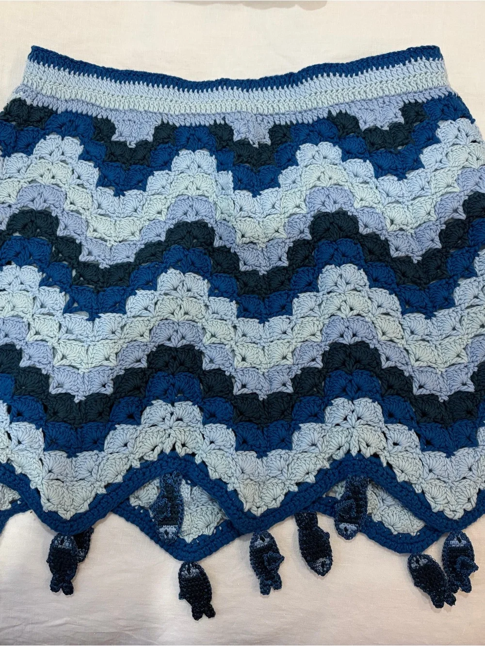 Farm Rio Blue Waves Crochet Mini Skirt w/ fish detail